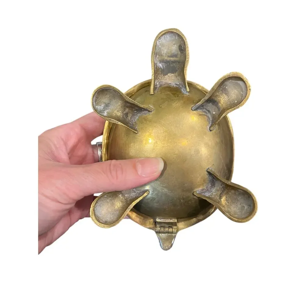Vintage Brass Turtle Trinket Box Hinged Tortoise Figurine Mid Century 6 inches